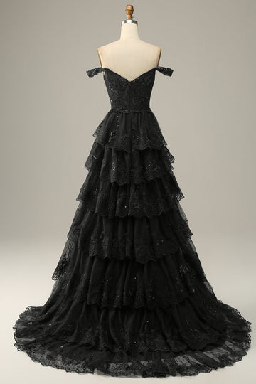 Princess A Line Off The Shoulder Black Long Tulle Tiered Ball Dress